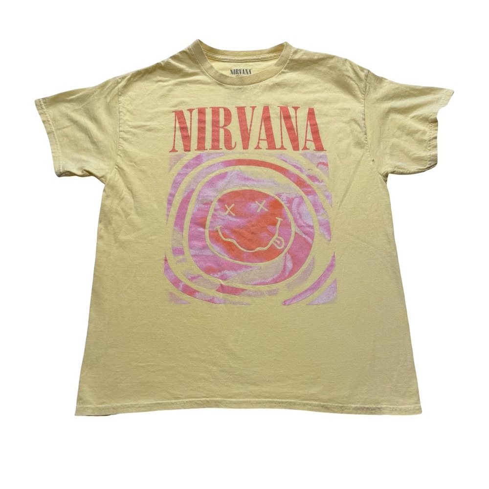Nirvana Smiley Face Graphic Band T Shirt‎ Yellow Large Grunge Rock